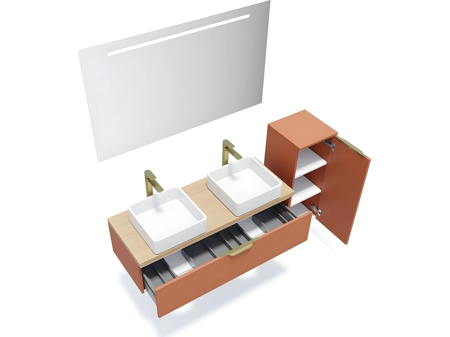 Meuble de salle de bain suspendu 2 vasques à poser 120cm 1 tiroir Terracotta + miroir + colonne ouverture droite - Venice