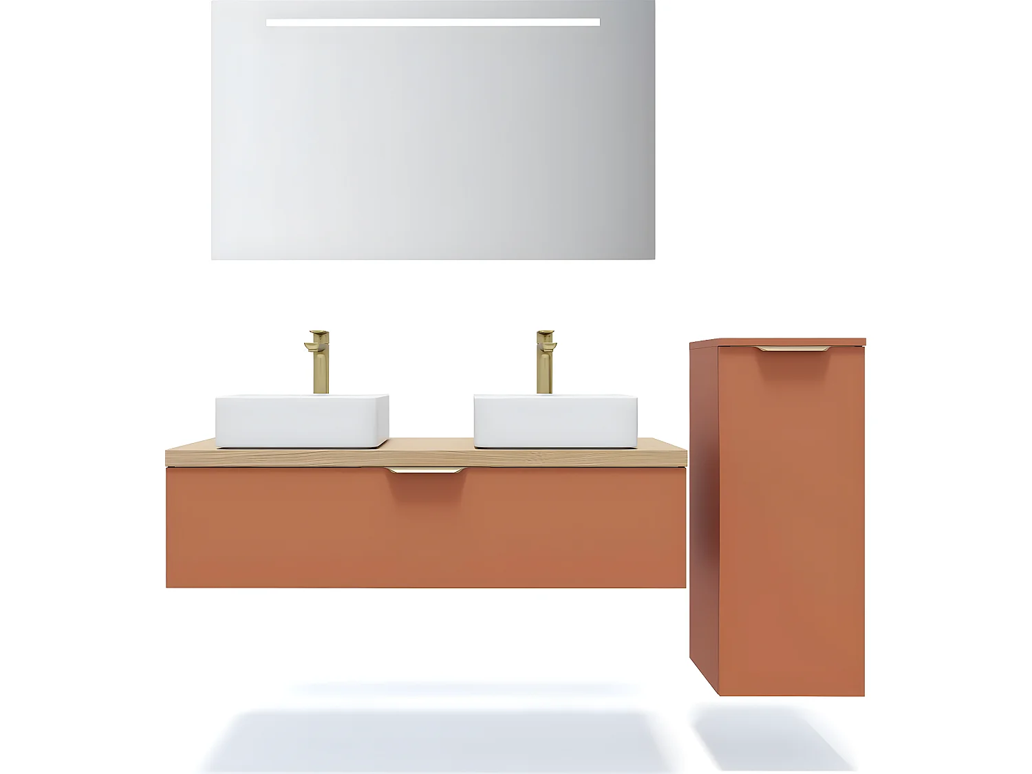 Meuble de salle de bain suspendu 2 vasques à poser 120cm 1 tiroir Terracotta + miroir + colonne ouverture droite - Venice