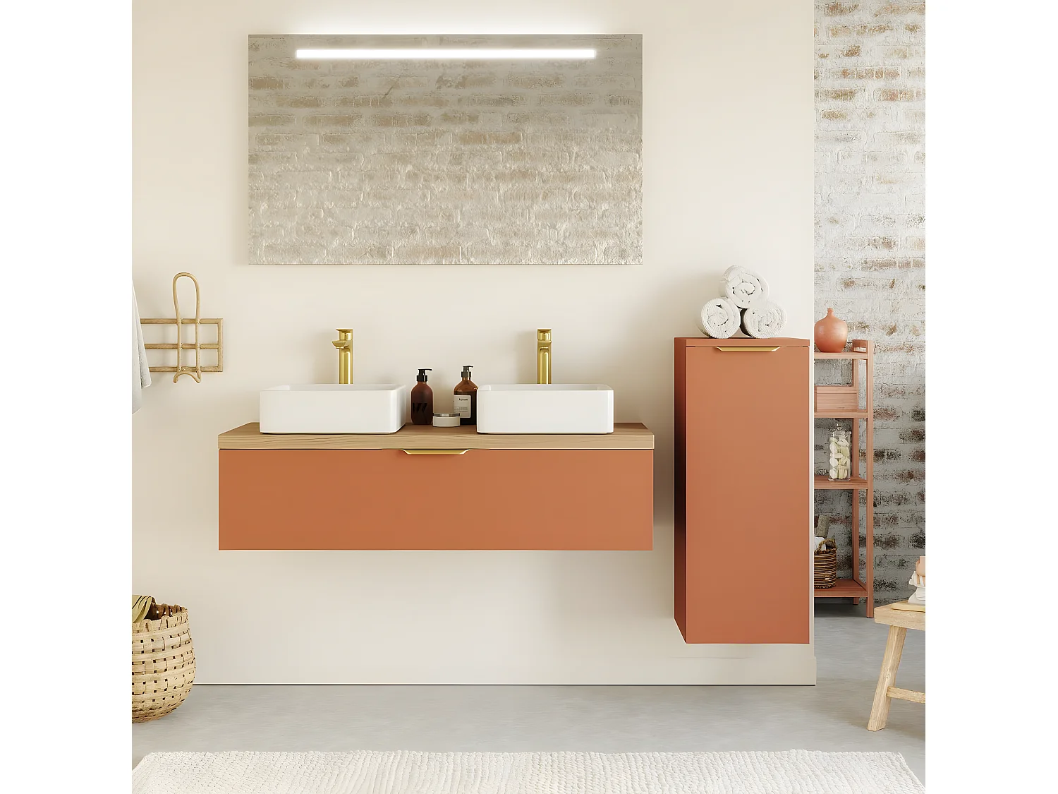 Meuble de salle de bain suspendu 2 vasques à poser 120cm 1 tiroir Terracotta + miroir + colonne ouverture droite - Venice