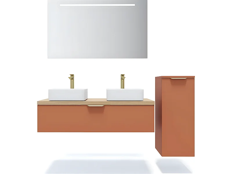 Meuble de salle de bain suspendu 2 vasques à poser 120cm 1 tiroir Terracotta + miroir + colonne ouverture droite - Venice