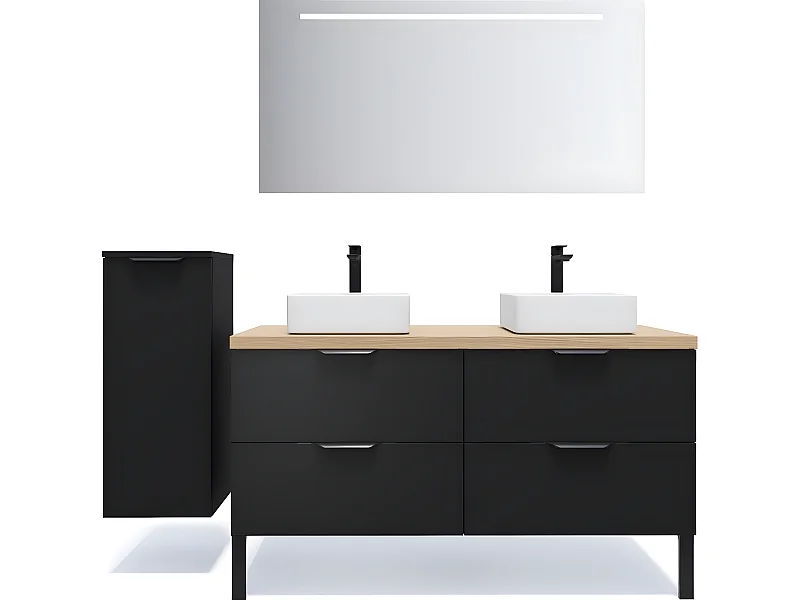 Meuble de salle de bain suspendu 2 vasques à poser 140cm 4 tiroirs Noir + miroir + colonne ouverture gauche - Soho