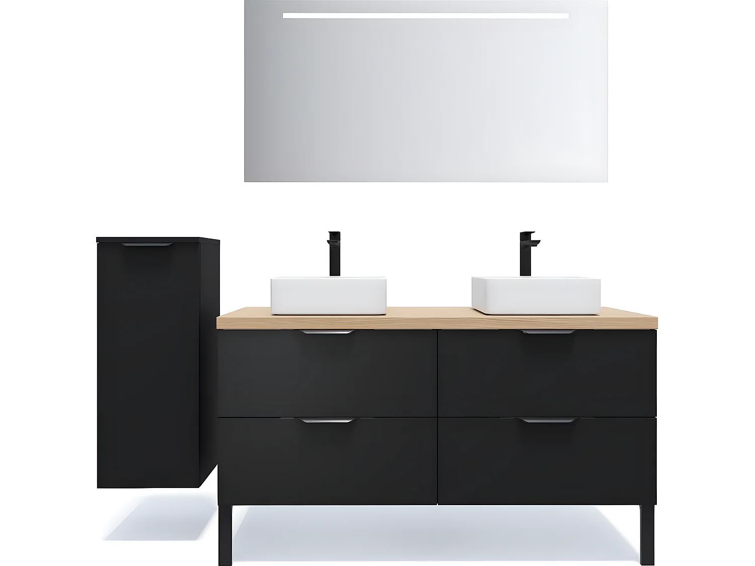 Meuble de salle de bain suspendu 2 vasques à poser 140cm 4 tiroirs Noir + miroir + colonne ouverture gauche - Soho
