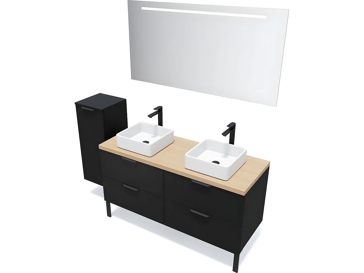 Meuble de salle de bain suspendu 2 vasques à poser 140cm 4 tiroirs Noir + miroir + colonne ouverture gauche - Soho