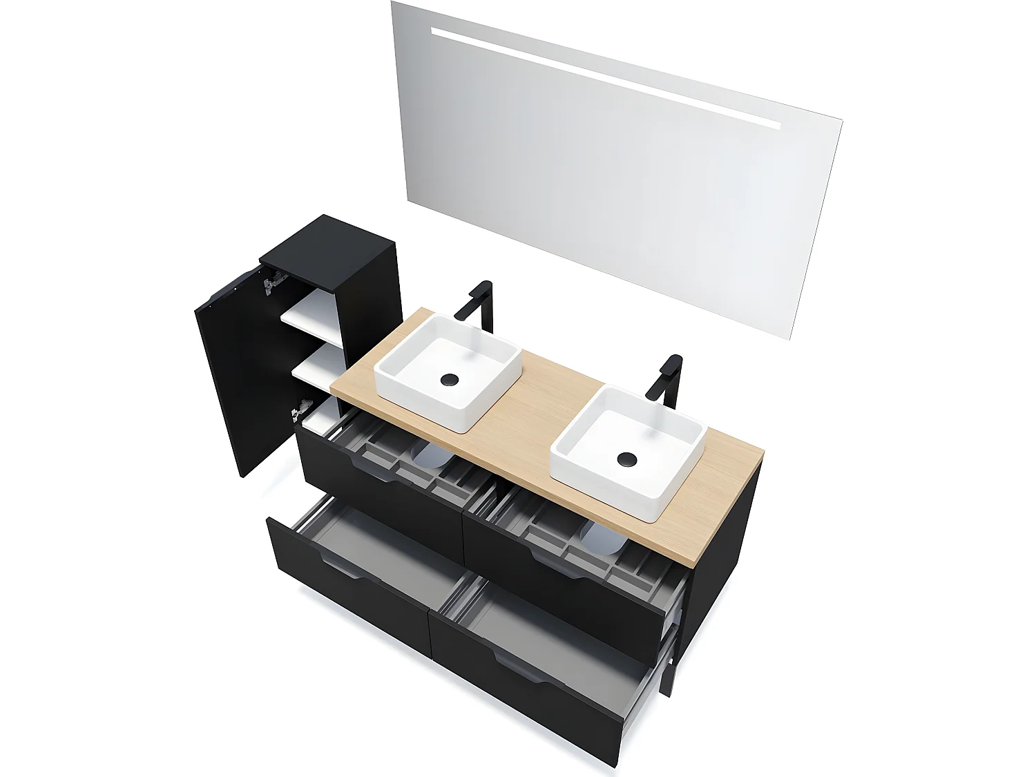 Meuble de salle de bain suspendu 2 vasques à poser 140cm 4 tiroirs Noir + miroir + colonne ouverture gauche - Soho