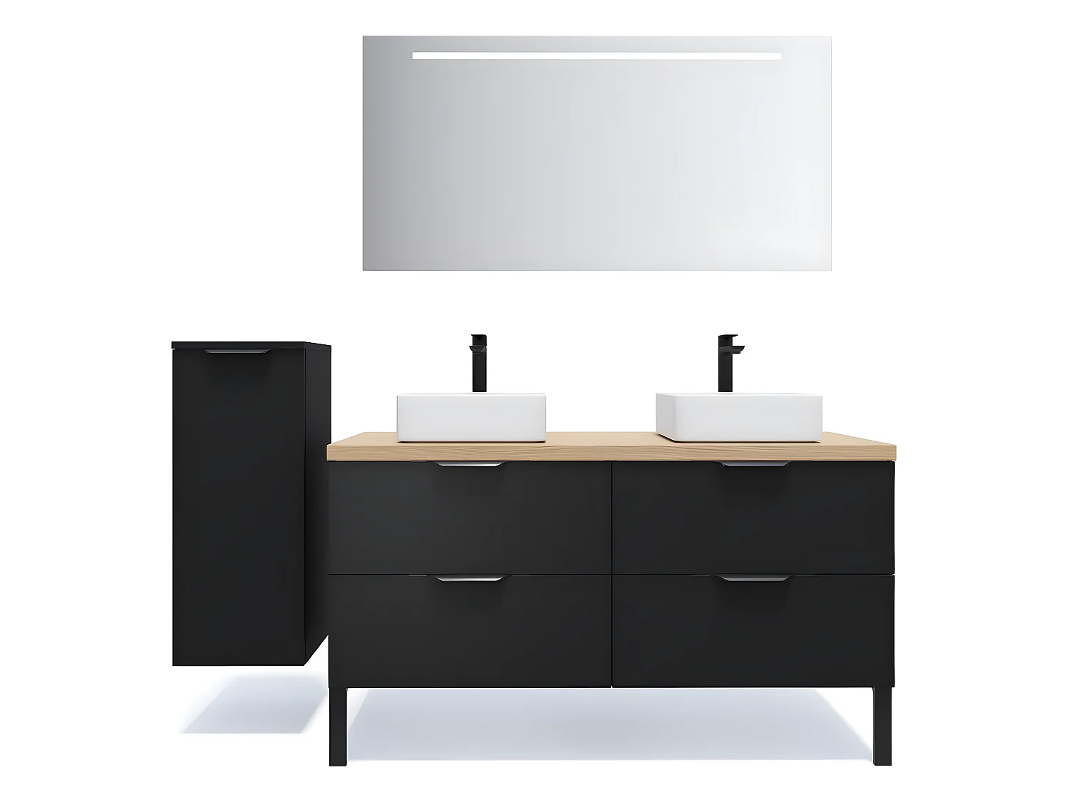 Meuble de salle de bain suspendu 2 vasques à poser 140cm 4 tiroirs Noir + miroir + colonne ouverture gauche - Soho
