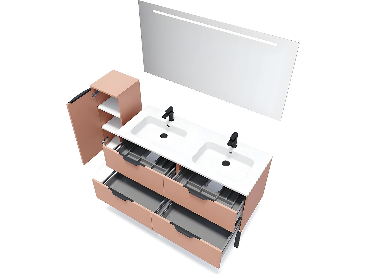 Meuble de salle de bain suspendu double vasque intégrée 140cm 4 tiroirs Abricot + miroir + colonne ouverture gauche - Soho