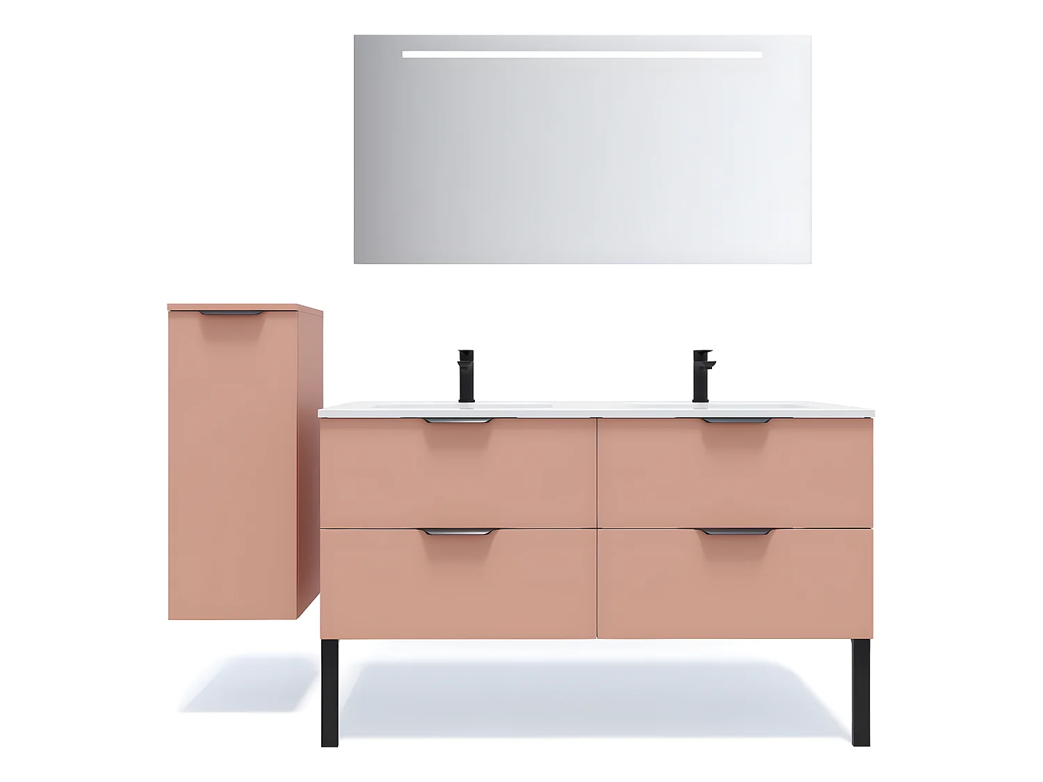Meuble de salle de bain suspendu double vasque intégrée 140cm 4 tiroirs Abricot + miroir + colonne ouverture gauche - Soho