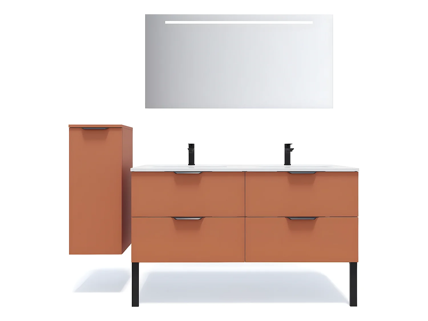 Meuble de salle de bain suspendu double vasque intégrée 140cm 4 tiroirs Terracotta + miroir + colonne ouverture gauche - Soho
