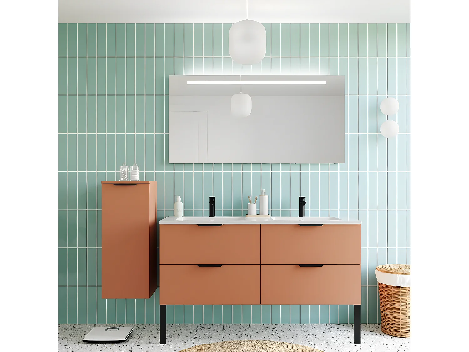 Meuble de salle de bain suspendu double vasque intégrée 140cm 4 tiroirs Terracotta + miroir + colonne ouverture gauche - Soho