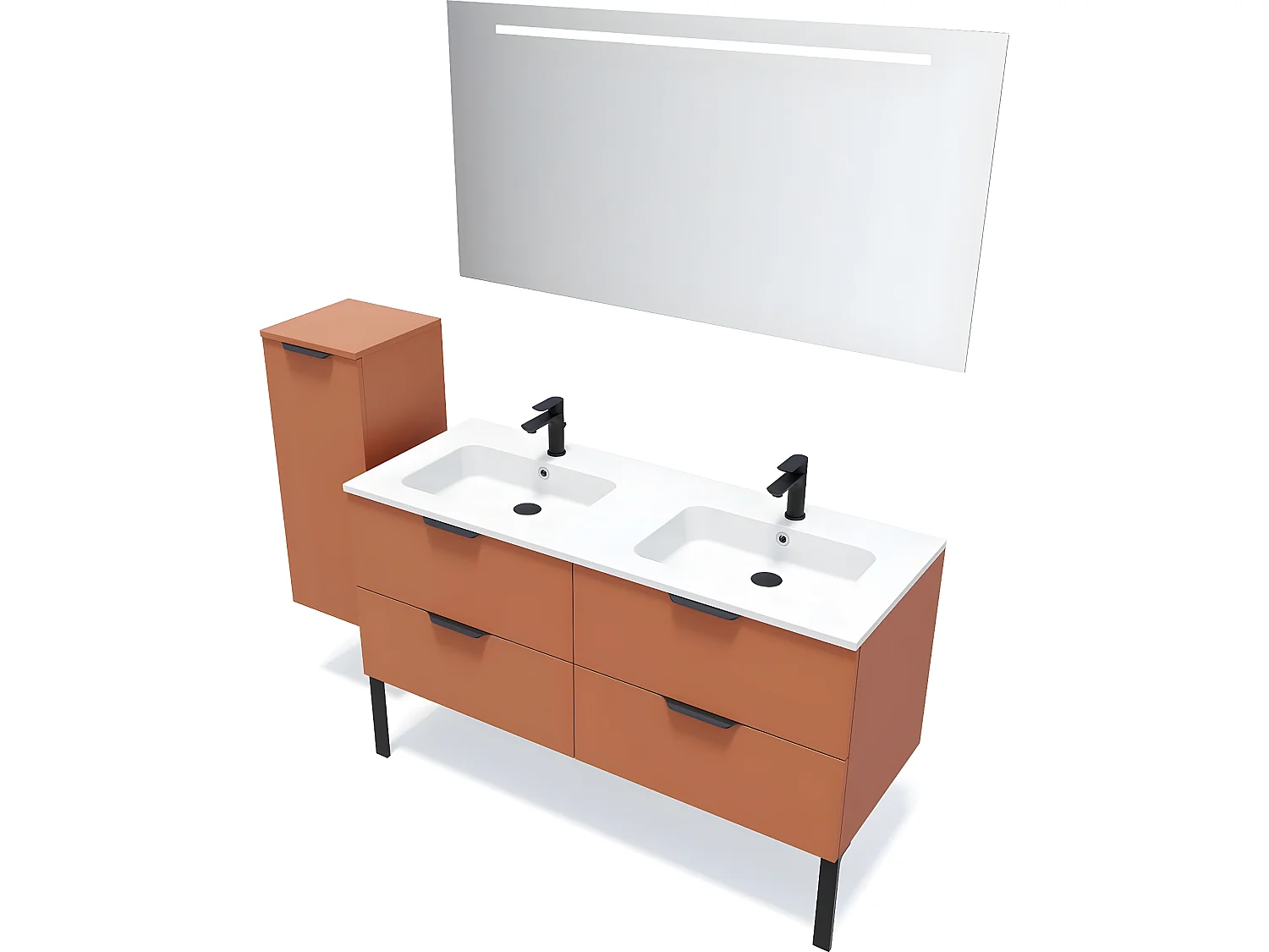 Meuble de salle de bain suspendu double vasque intégrée 140cm 4 tiroirs Terracotta + miroir + colonne ouverture gauche - Soho
