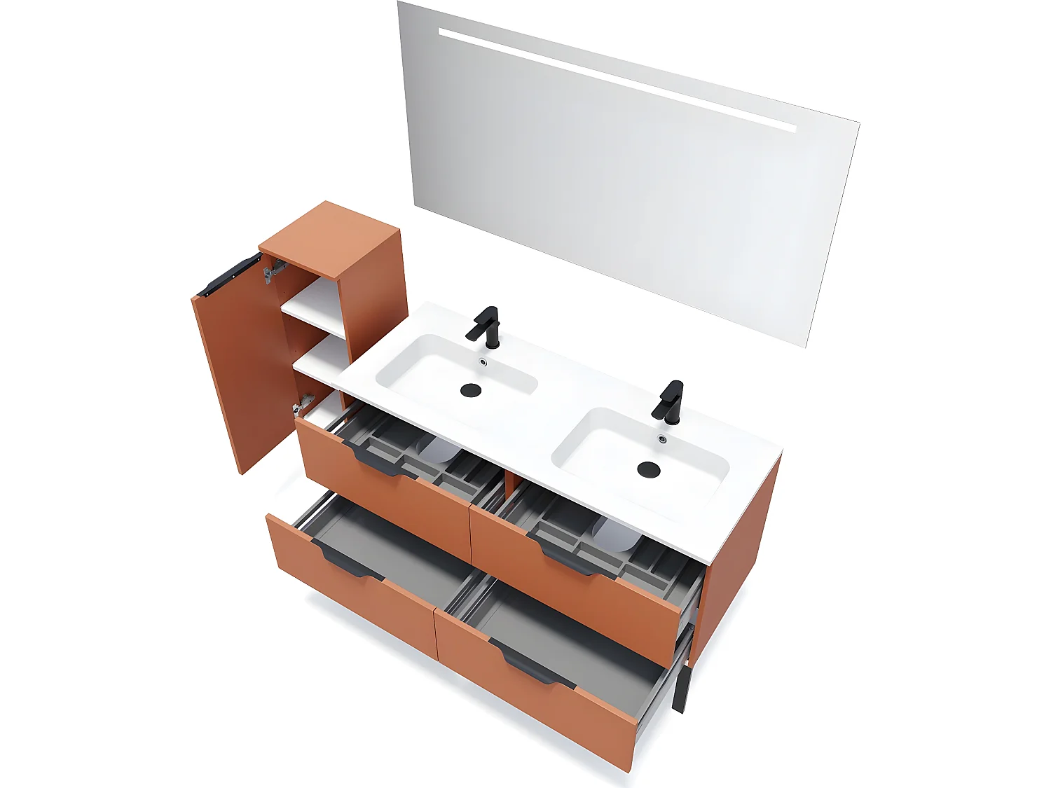 Meuble de salle de bain suspendu double vasque intégrée 140cm 4 tiroirs Terracotta + miroir + colonne ouverture gauche - Soho