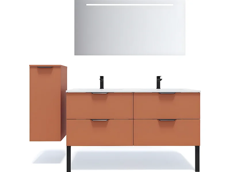 Meuble de salle de bain suspendu double vasque intégrée 140cm 4 tiroirs Terracotta + miroir + colonne ouverture gauche - Soho
