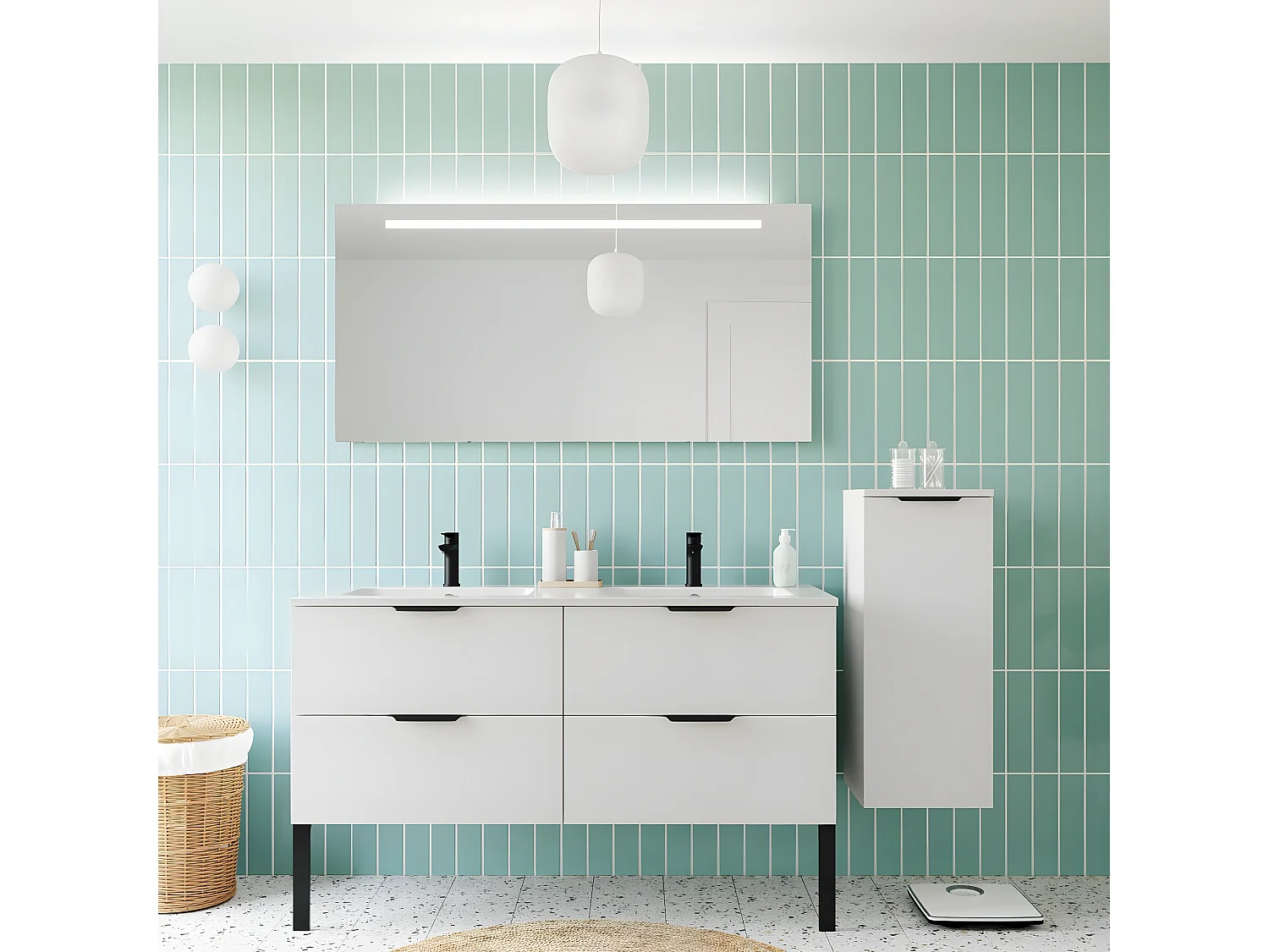 Meuble de salle de bain suspendu double vasque intégrée 140cm 4 tiroirs Blanc + miroir + colonne ouverture droite - Soho
