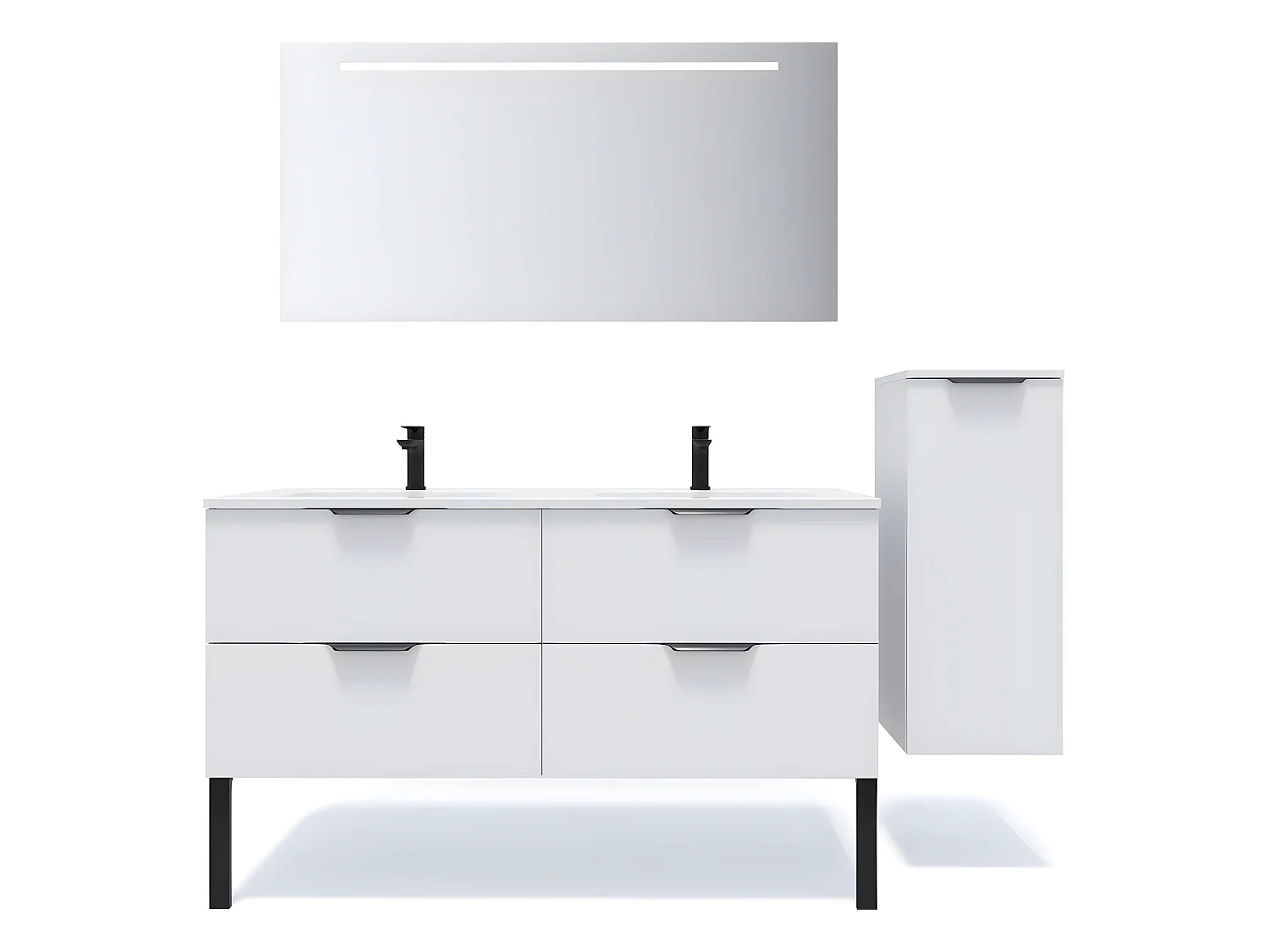 Meuble de salle de bain suspendu double vasque intégrée 140cm 4 tiroirs Blanc + miroir + colonne ouverture droite - Soho