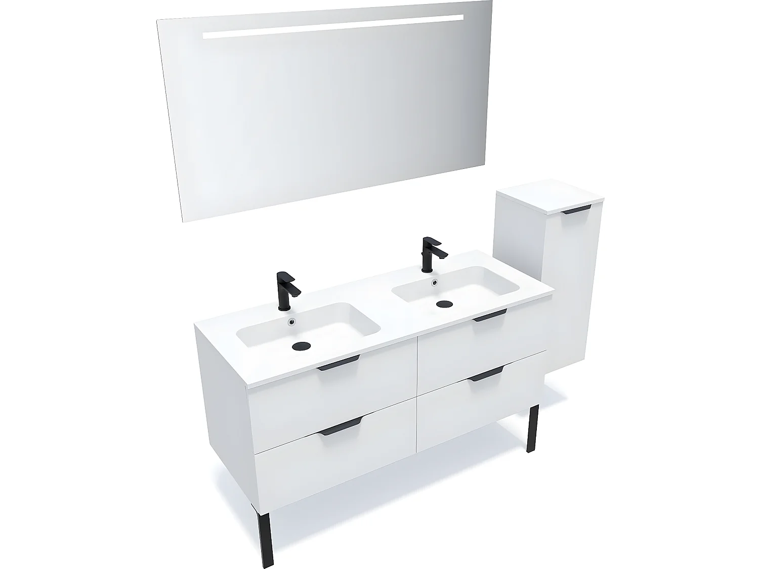 Meuble de salle de bain suspendu double vasque intégrée 140cm 4 tiroirs Blanc + miroir + colonne ouverture droite - Soho