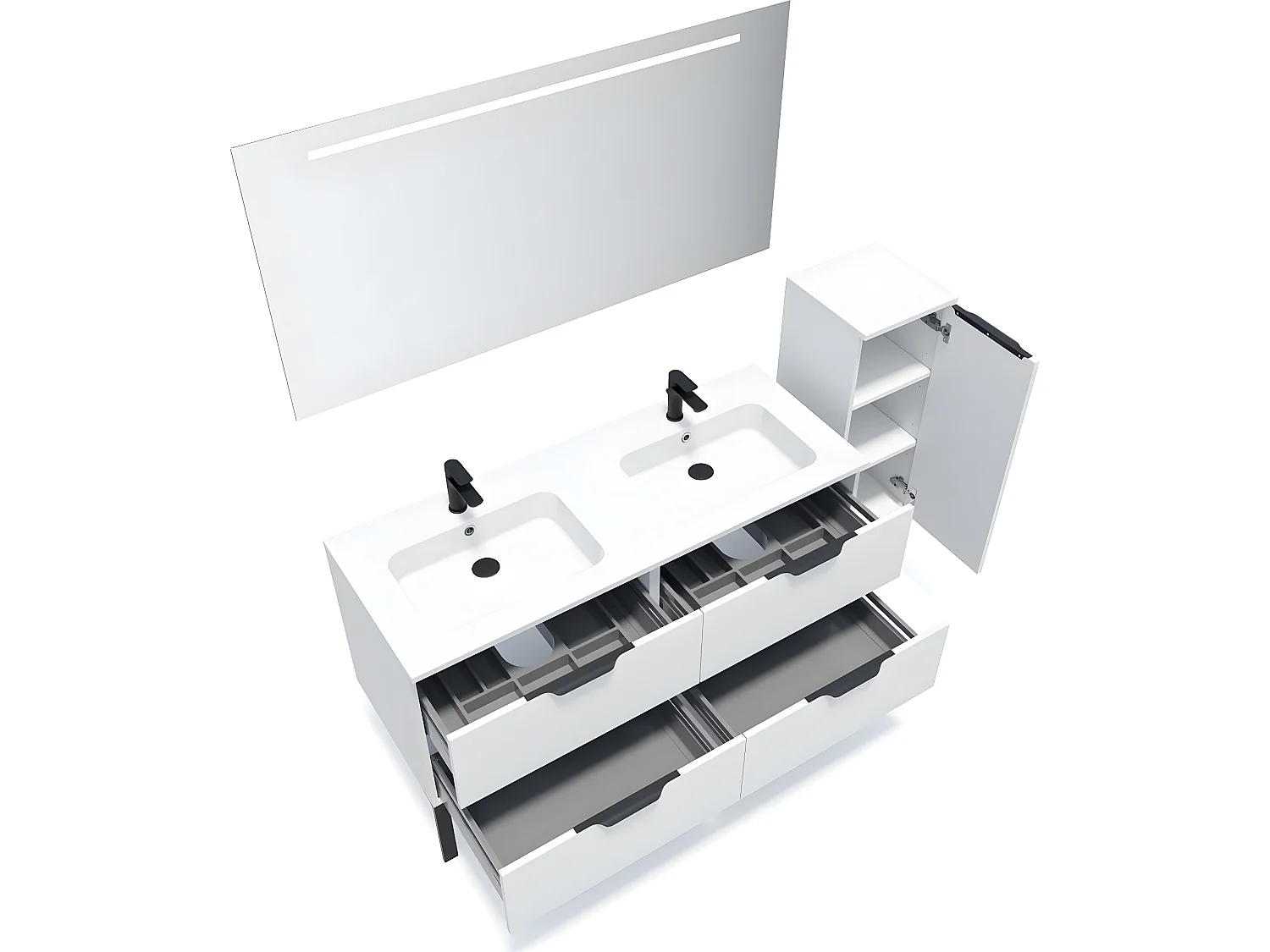 Meuble de salle de bain suspendu double vasque intégrée 140cm 4 tiroirs Blanc + miroir + colonne ouverture droite - Soho