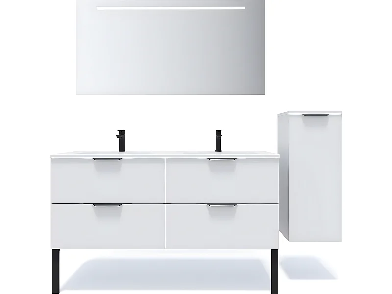 Meuble de salle de bain suspendu double vasque intégrée 140cm 4 tiroirs Blanc + miroir + colonne ouverture droite - Soho