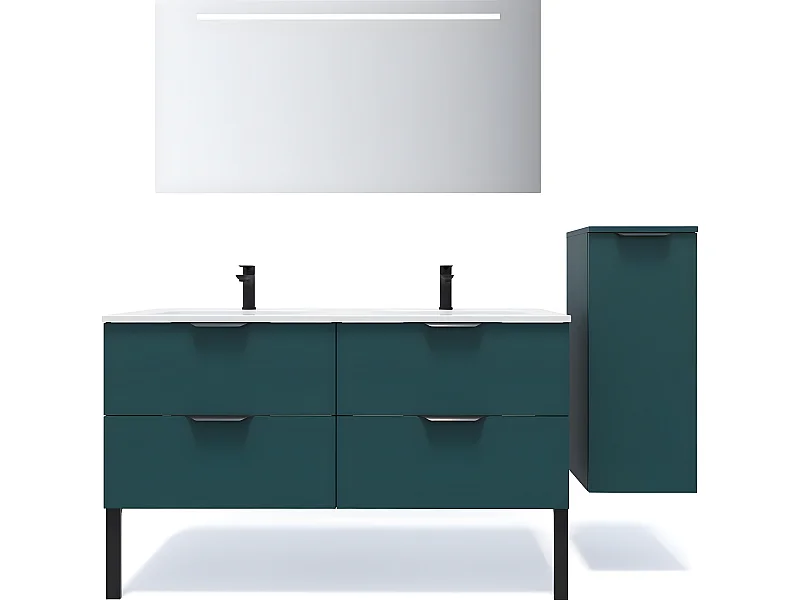 Meuble de salle de bain suspendu double vasque intégrée 140cm 4 tiroirs Bleu + miroir + colonne ouverture droite - Soho