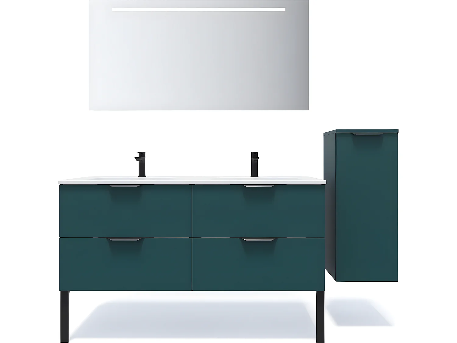 Meuble de salle de bain suspendu double vasque intégrée 140cm 4 tiroirs Bleu + miroir + colonne ouverture droite - Soho