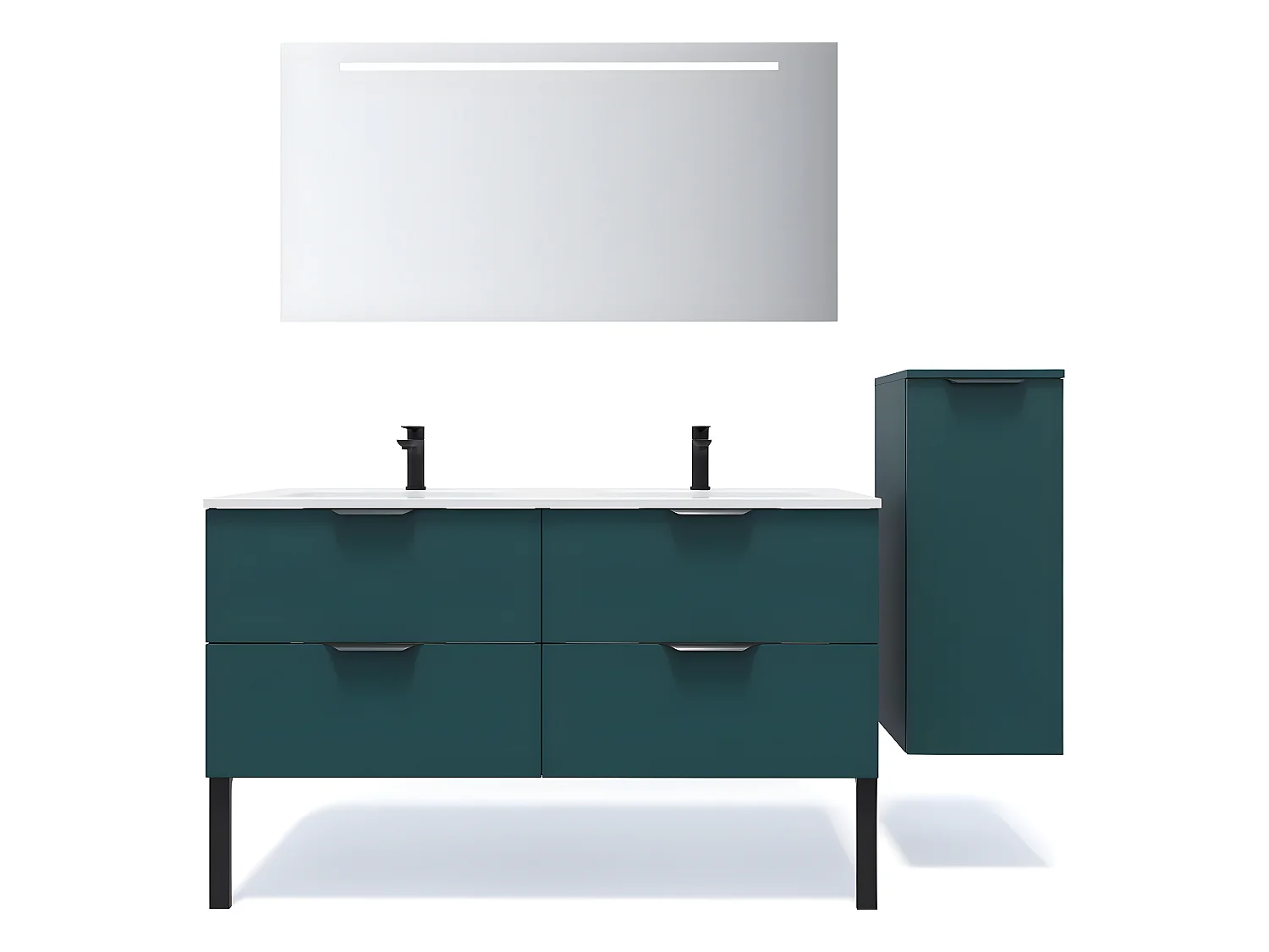 Meuble de salle de bain suspendu double vasque intégrée 140cm 4 tiroirs Bleu + miroir + colonne ouverture droite - Soho