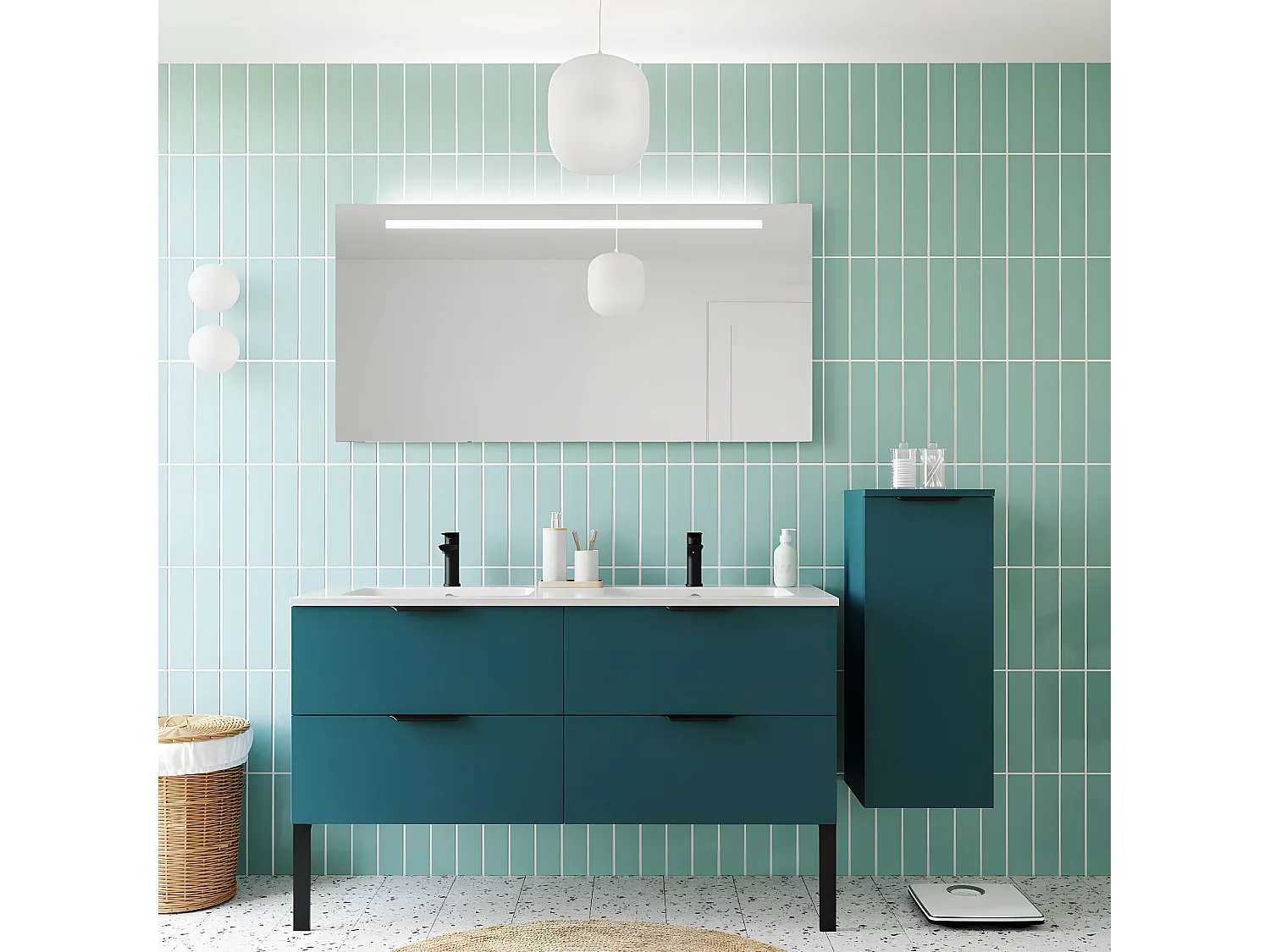 Meuble de salle de bain suspendu double vasque intégrée 140cm 4 tiroirs Bleu + miroir + colonne ouverture droite - Soho