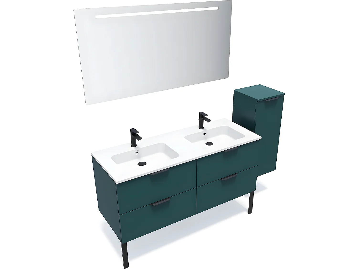 Meuble de salle de bain suspendu double vasque intégrée 140cm 4 tiroirs Bleu + miroir + colonne ouverture droite - Soho