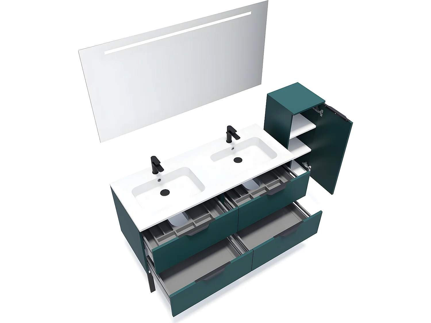 Meuble de salle de bain suspendu double vasque intégrée 140cm 4 tiroirs Bleu + miroir + colonne ouverture droite - Soho