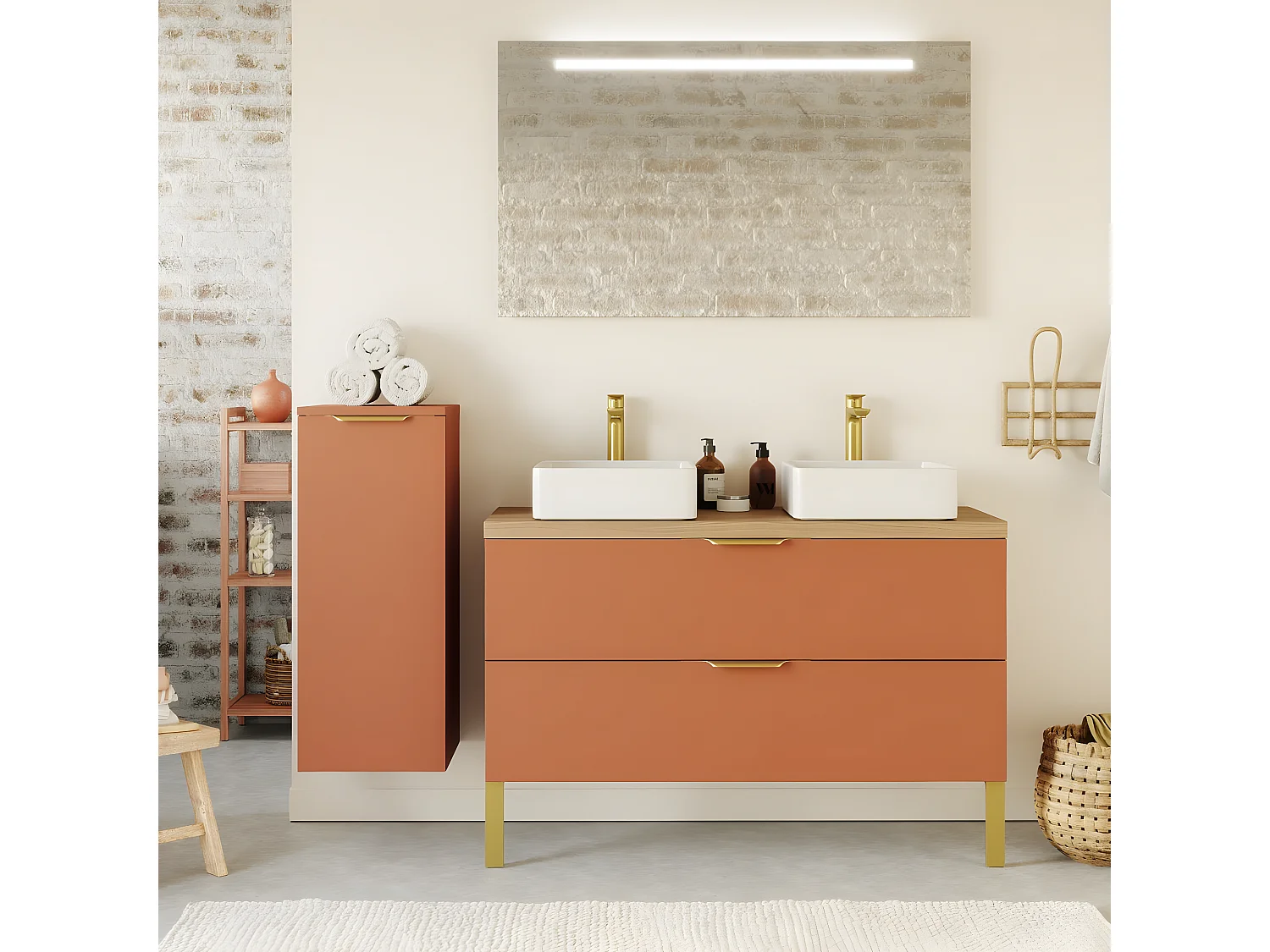 Meuble de salle de bain suspendu 2 vasques à poser 120cm 2 tiroirs Terracotta + miroir + colonne ouverture gauche - Venice