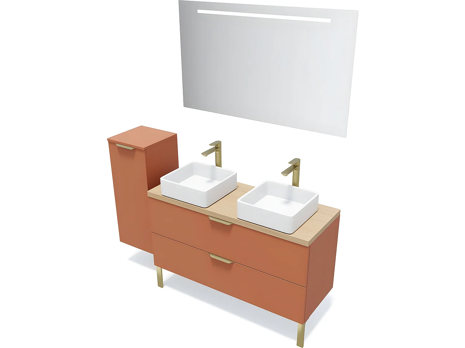 Meuble de salle de bain suspendu 2 vasques à poser 120cm 2 tiroirs Terracotta + miroir + colonne ouverture gauche - Venice