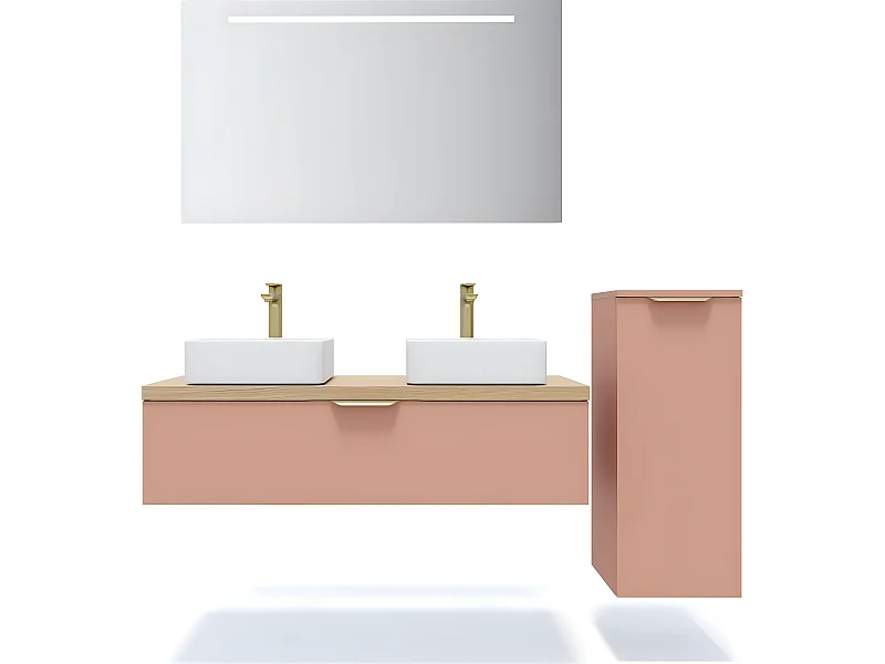 Meuble de salle de bain suspendu 2 vasques à poser 120cm 1 tiroir Abricot + miroir + colonne ouverture droite - Venice