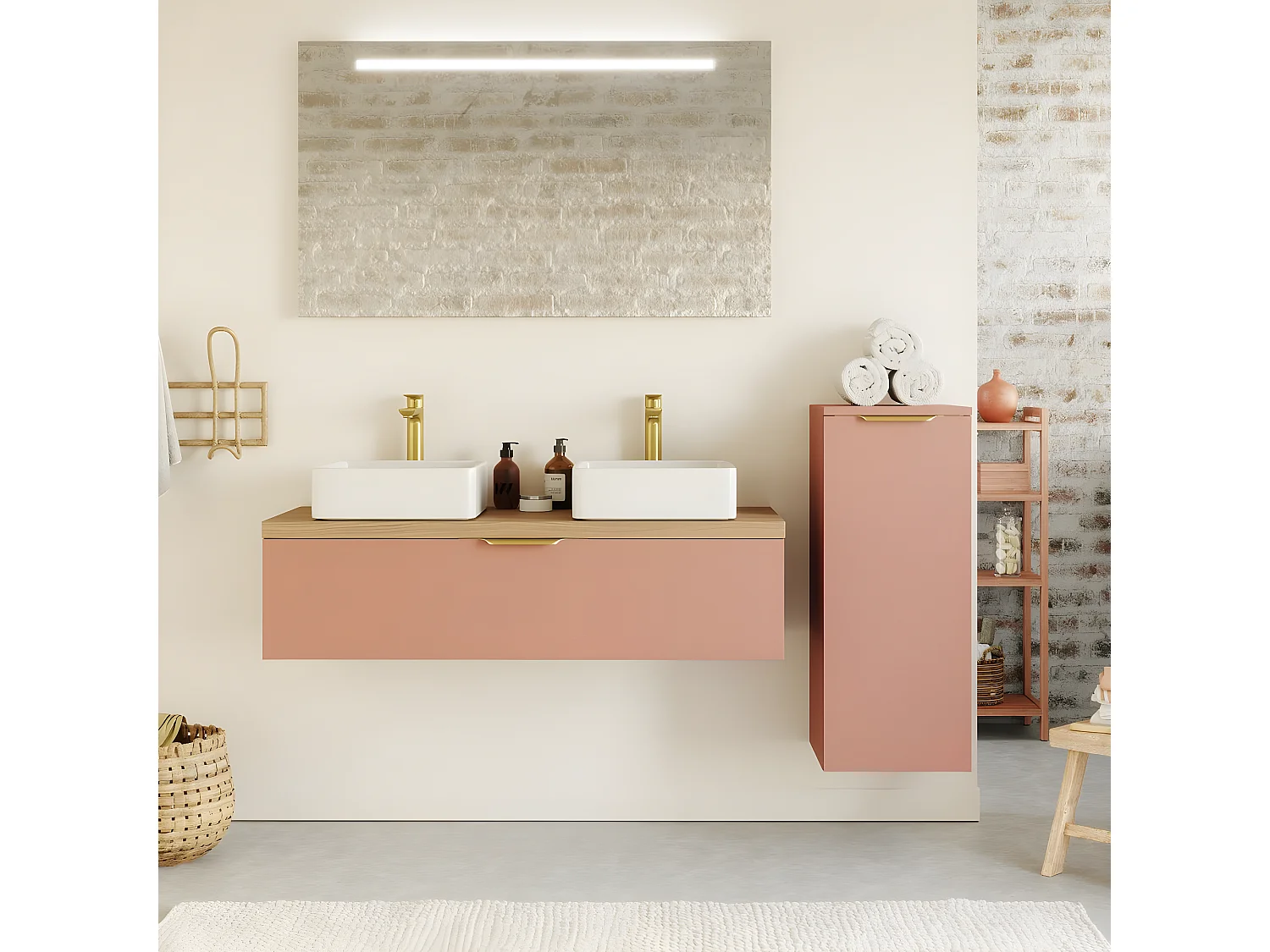 Meuble de salle de bain suspendu 2 vasques à poser 120cm 1 tiroir Abricot + miroir + colonne ouverture droite - Venice