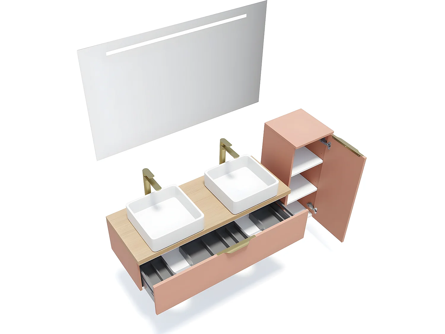 Meuble de salle de bain suspendu 2 vasques à poser 120cm 1 tiroir Abricot + miroir + colonne ouverture droite - Venice