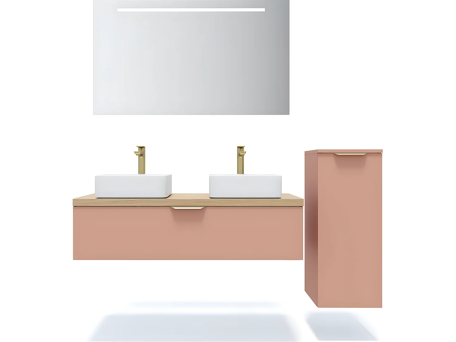 Meuble de salle de bain suspendu 2 vasques à poser 120cm 1 tiroir Abricot + miroir + colonne ouverture droite - Venice