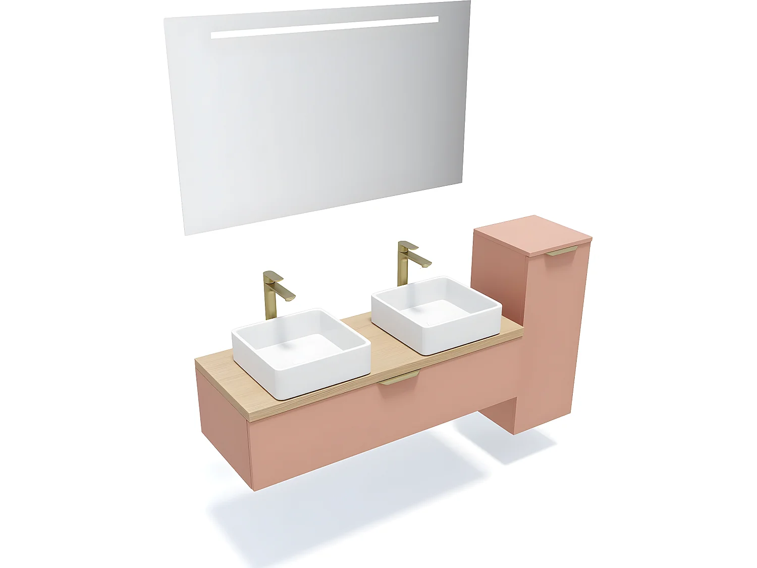 Meuble de salle de bain suspendu 2 vasques à poser 120cm 1 tiroir Abricot + miroir + colonne ouverture droite - Venice