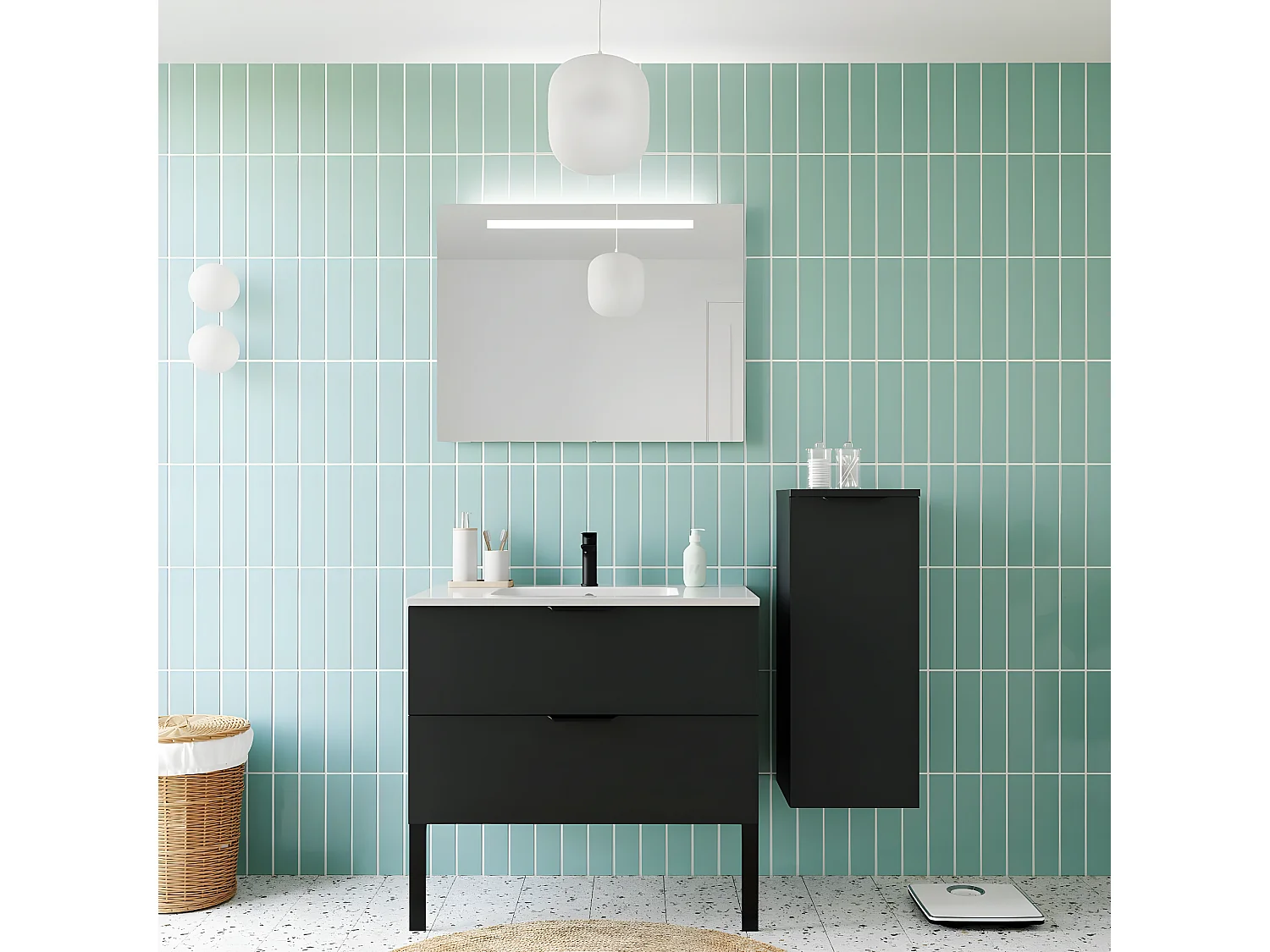Meuble de salle de bain suspendu vasque intégrée 90cm 2 tiroirs Noir + miroir + colonne ouverture droite - Soho
