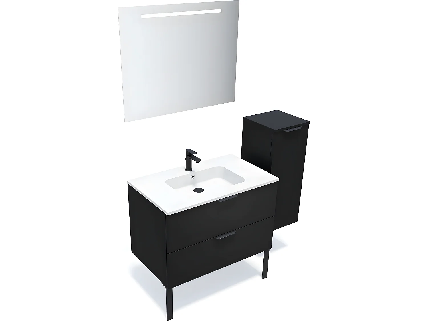 Meuble de salle de bain suspendu vasque intégrée 90cm 2 tiroirs Noir + miroir + colonne ouverture droite - Soho