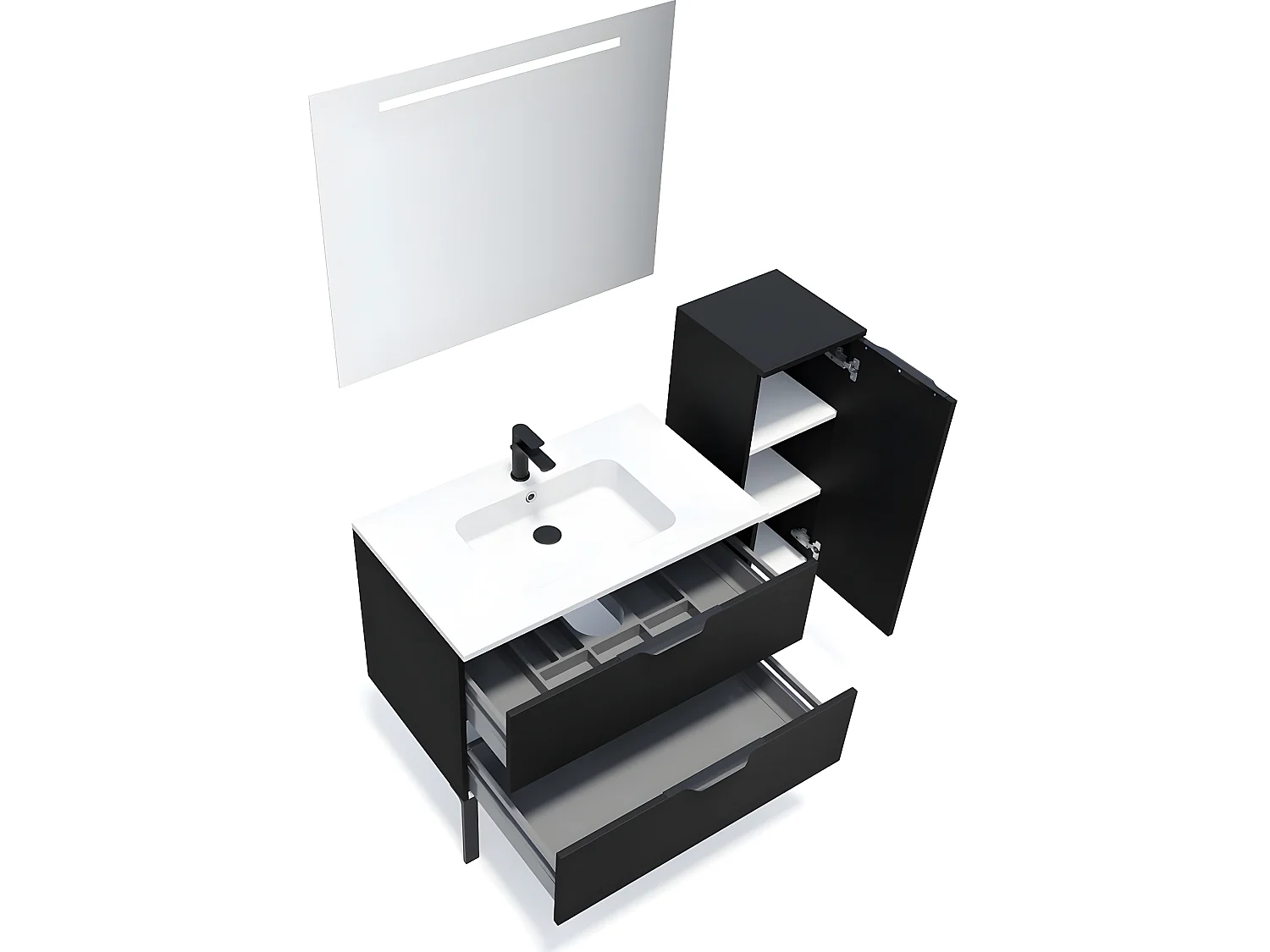 Meuble de salle de bain suspendu vasque intégrée 90cm 2 tiroirs Noir + miroir + colonne ouverture droite - Soho