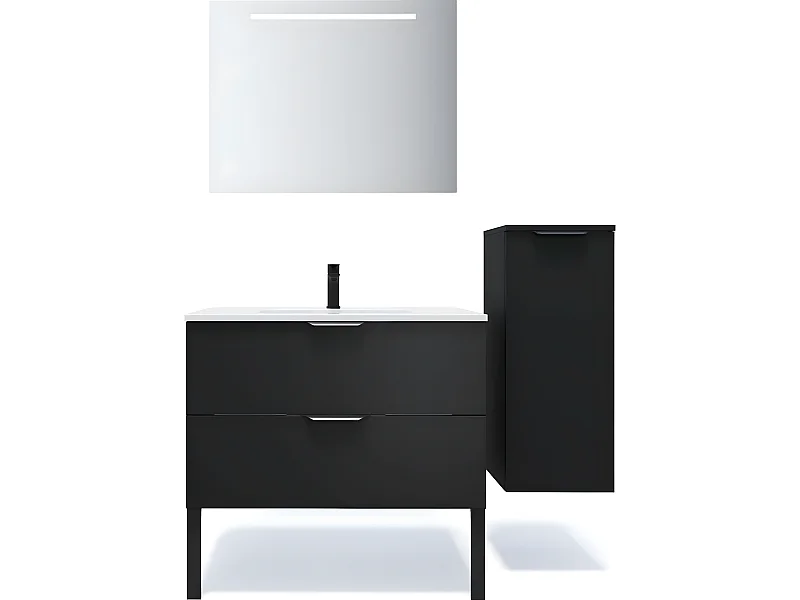 Meuble de salle de bain suspendu vasque intégrée 90cm 2 tiroirs Noir + miroir + colonne ouverture droite - Soho