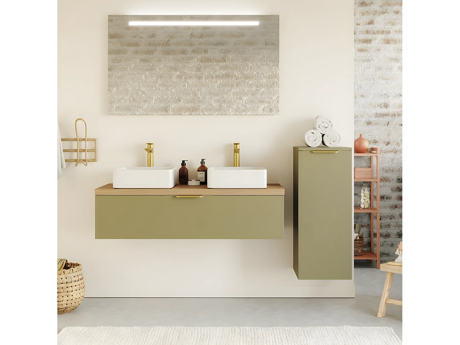 Meuble de salle de bain suspendu 2 vasques à poser 120cm 1 tiroir Vert olive + miroir + colonne ouverture droite - Venice