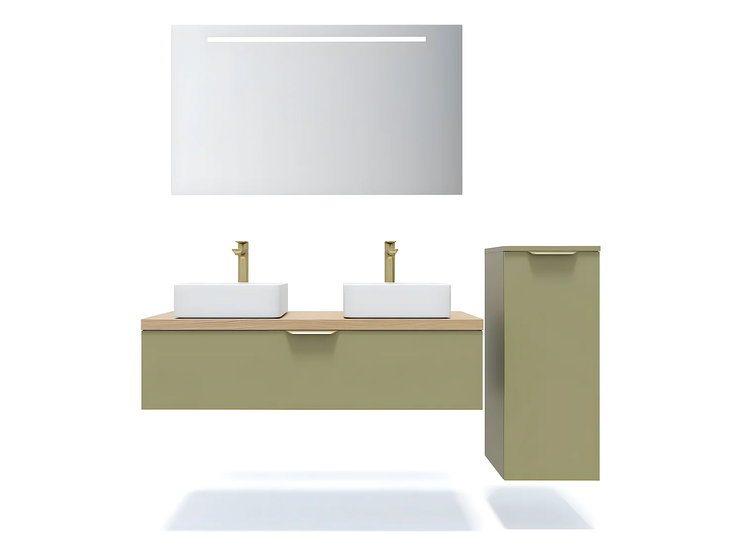 Meuble de salle de bain suspendu 2 vasques à poser 120cm 1 tiroir Vert olive + miroir + colonne ouverture droite - Venice