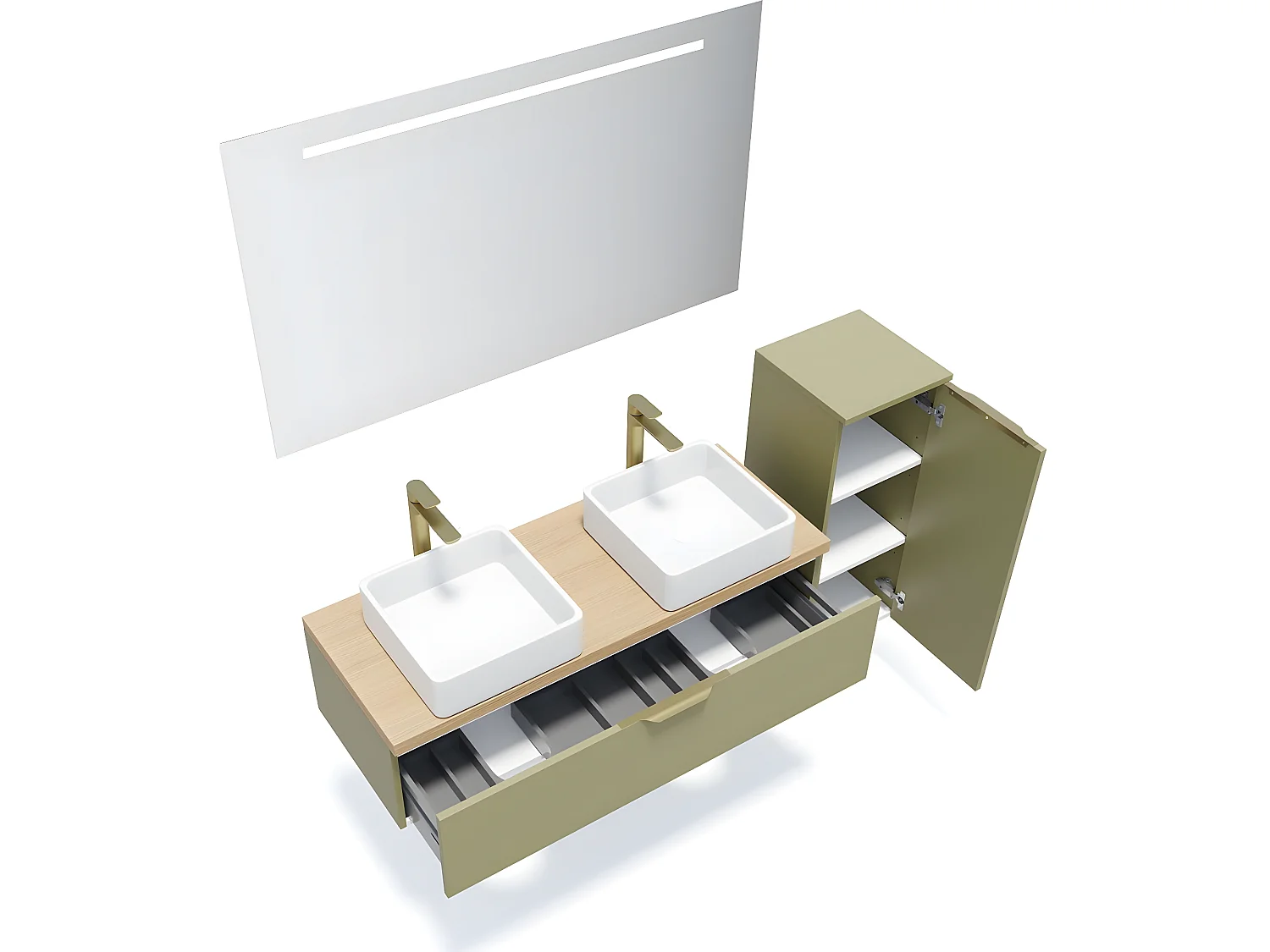 Meuble de salle de bain suspendu 2 vasques à poser 120cm 1 tiroir Vert olive + miroir + colonne ouverture droite - Venice