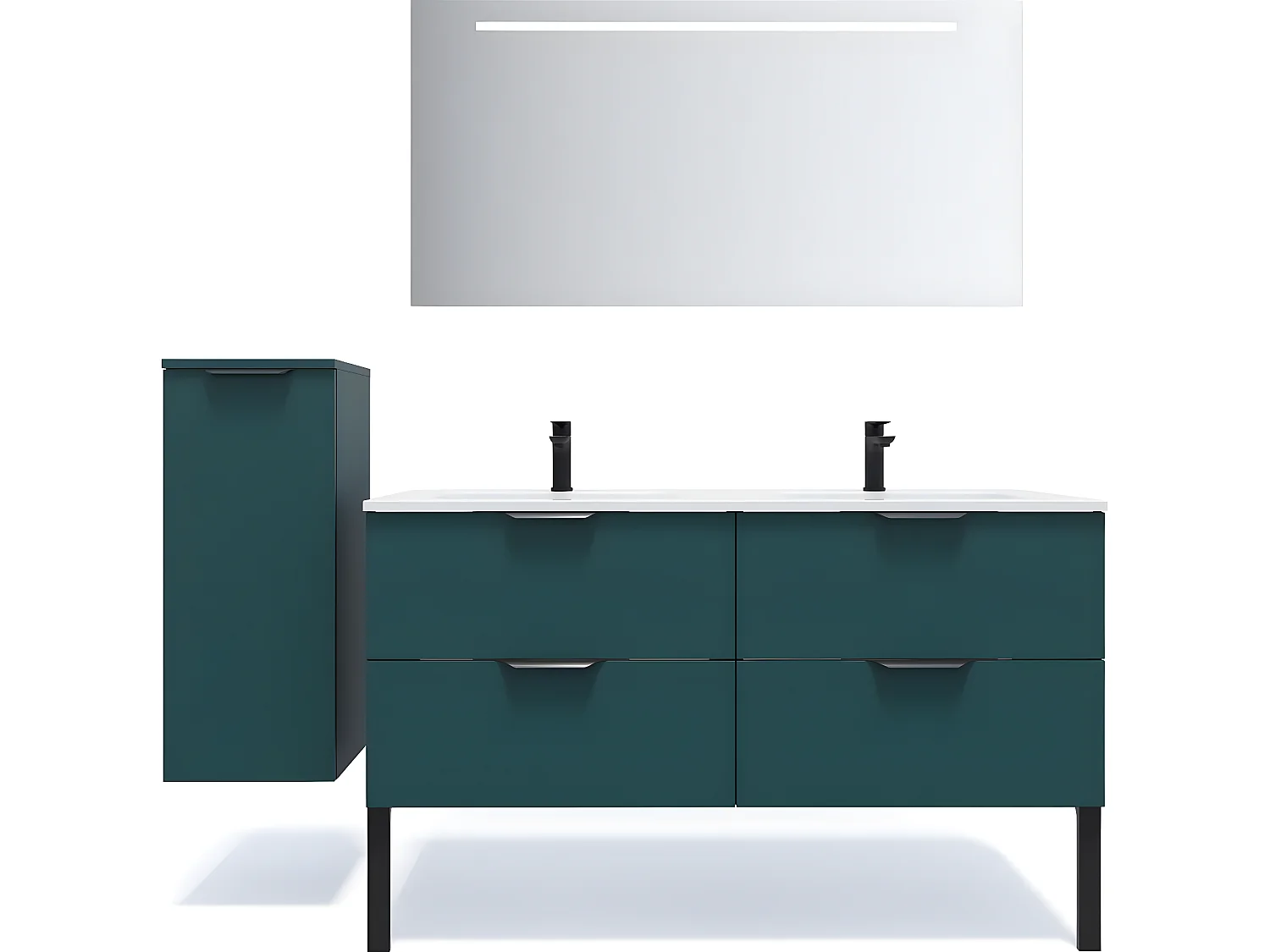 Meuble de salle de bain suspendu double vasque intégrée 140cm 4 tiroirs Bleu + miroir + colonne ouverture gauche - Soho