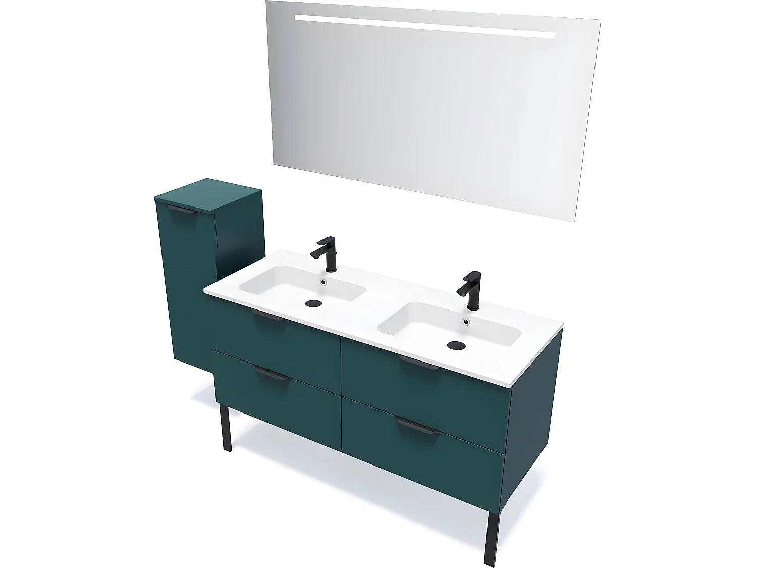 Meuble de salle de bain suspendu double vasque intégrée 140cm 4 tiroirs Bleu + miroir + colonne ouverture gauche - Soho