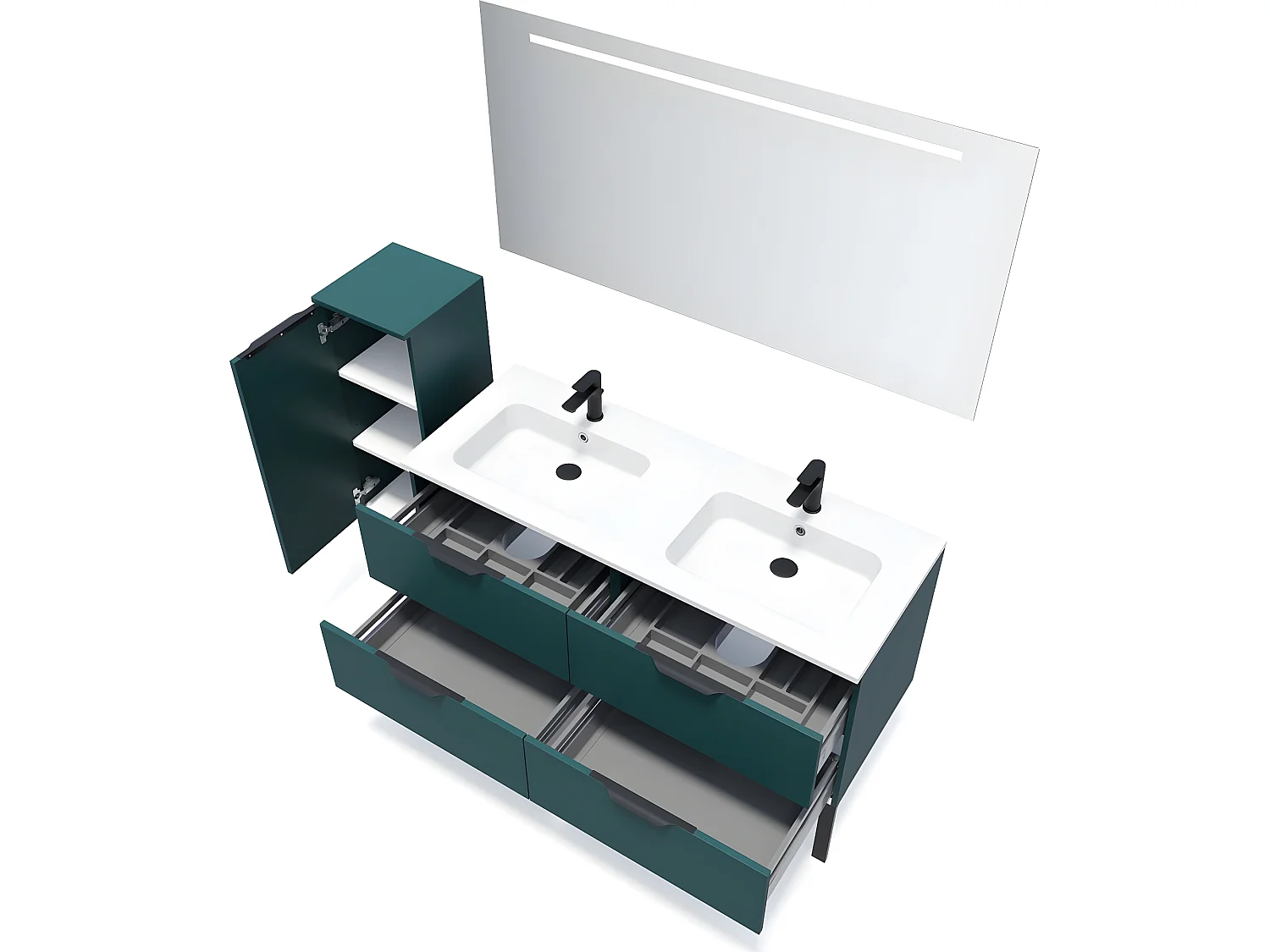 Meuble de salle de bain suspendu double vasque intégrée 140cm 4 tiroirs Bleu + miroir + colonne ouverture gauche - Soho