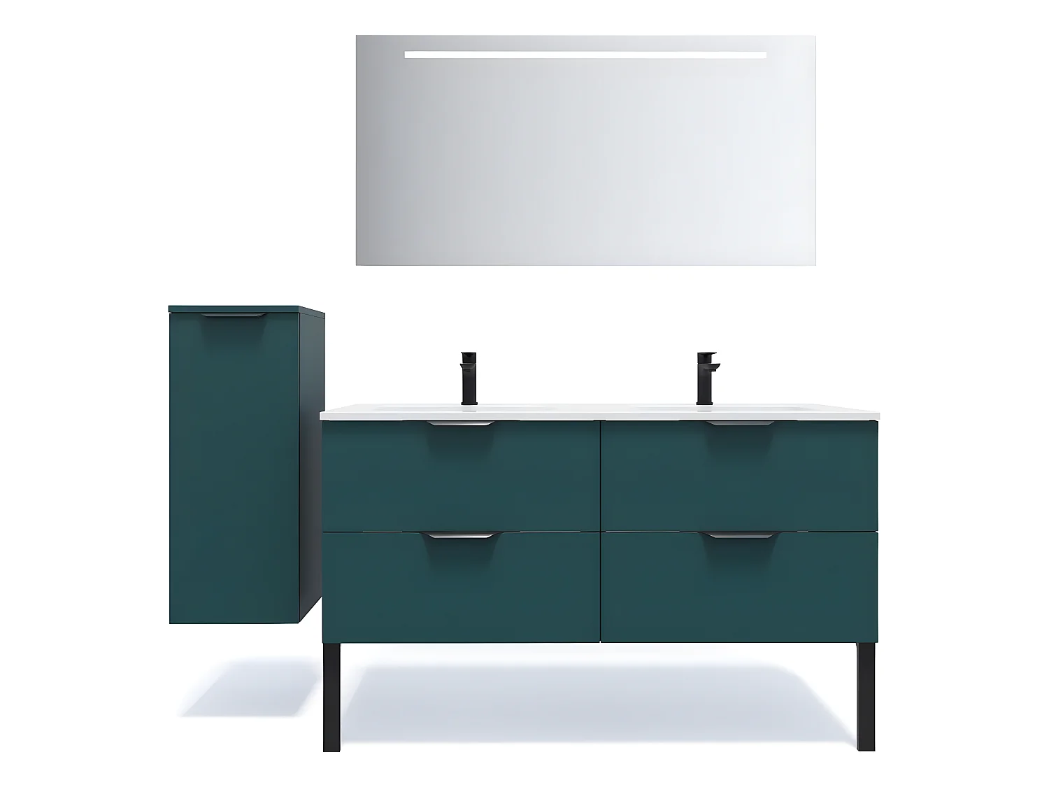 Meuble de salle de bain suspendu double vasque intégrée 140cm 4 tiroirs Bleu + miroir + colonne ouverture gauche - Soho