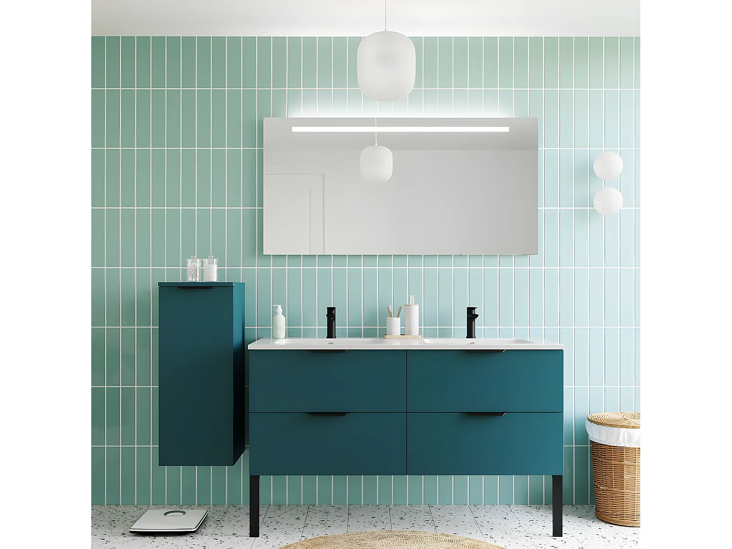 Meuble de salle de bain suspendu double vasque intégrée 140cm 4 tiroirs Bleu + miroir + colonne ouverture gauche - Soho