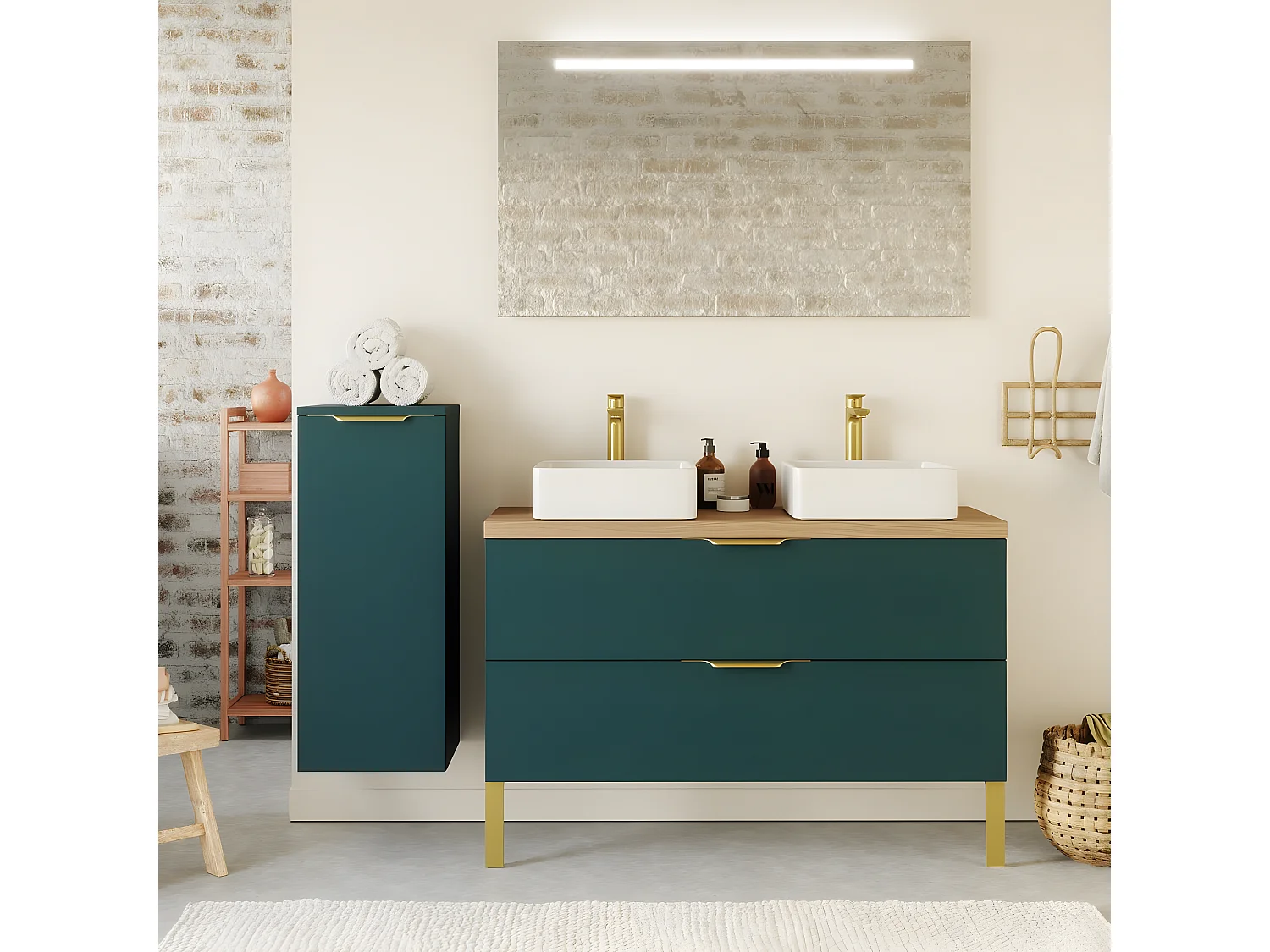 Meuble de salle de bain suspendu 2 vasques à poser 120cm 2 tiroirs Bleu + miroir + colonne ouverture gauche - Venice