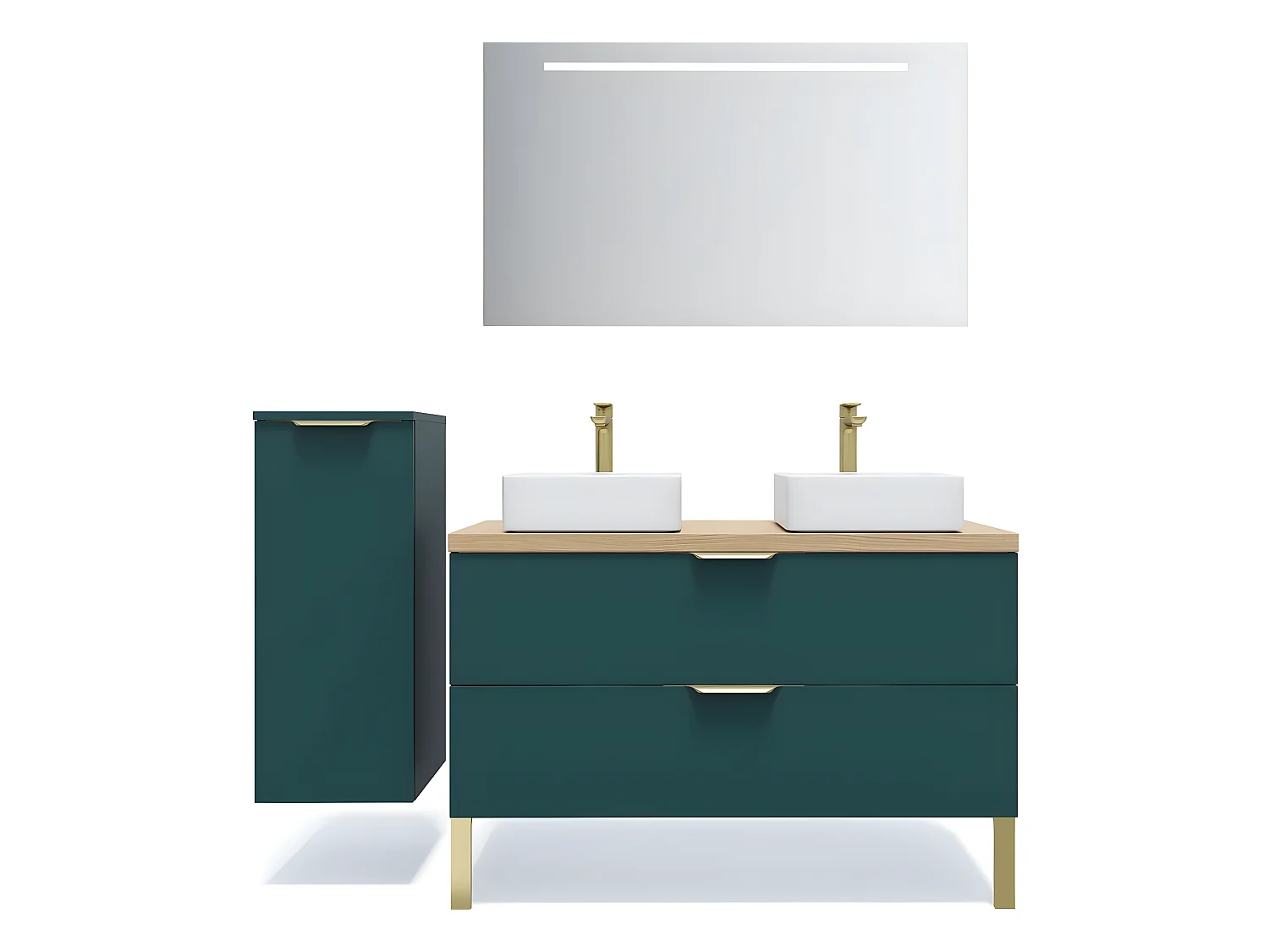 Meuble de salle de bain suspendu 2 vasques à poser 120cm 2 tiroirs Bleu + miroir + colonne ouverture gauche - Venice
