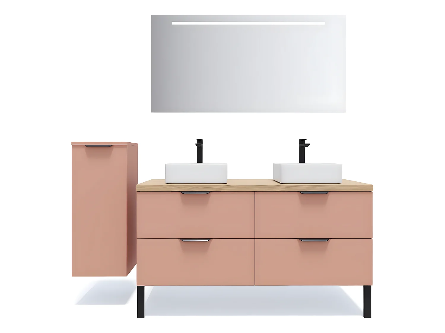 Meuble de salle de bain suspendu 2 vasques à poser 140cm 4 tiroirs Abricot + miroir + colonne ouverture gauche - Soho