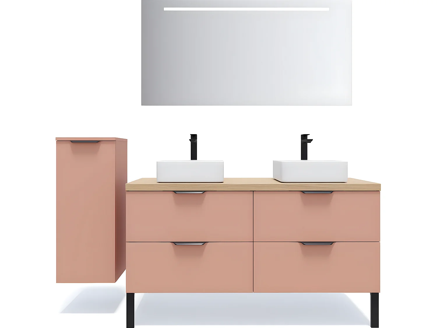 Meuble de salle de bain suspendu 2 vasques à poser 140cm 4 tiroirs Abricot + miroir + colonne ouverture gauche - Soho